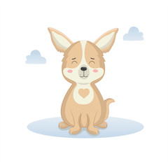 Corgi kid sitting in a clearing with clouds