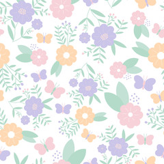 Vector seamless pattern of pastel flowers, leaves, berries and butterflies on a white background. Great for dressmaking fabric and bedroom decor.