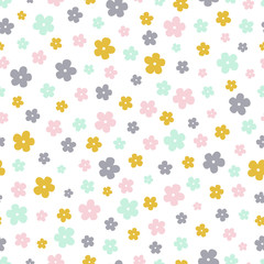 Vector seamless pattern of a small ditsy print with mustard, pink, mint green and grey flowers on a white background. Great for dressmaking fabric, baby clothes, notebook covers and gift wrap.