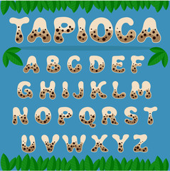 Fototapeta premium Tapioca alphabet. Beige letters with brown balls. Vector on blue background