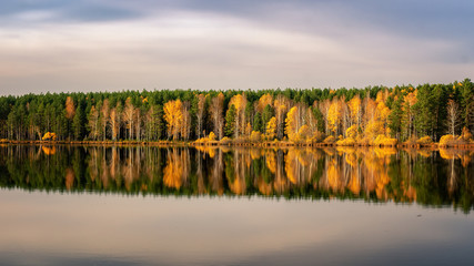 panorama of autumn forest on the river Bank in the Urals, Russia, October