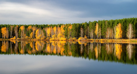 panorama of autumn forest on the river Bank in the Urals, Russia, October