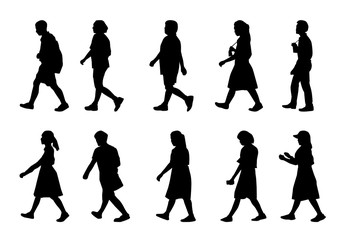 Silhouette people walking set, Black men and women vector on white background
