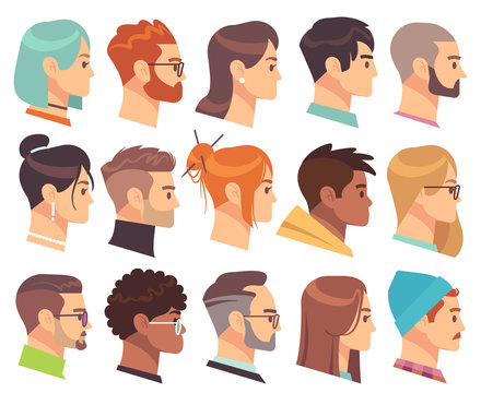 Flat heads in profile. Different human heads, male and female with various hairstyles and accessories. Colorful web avatars vector set