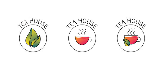 Set of Vector logo cup of tea with leaf, linear simple graphic