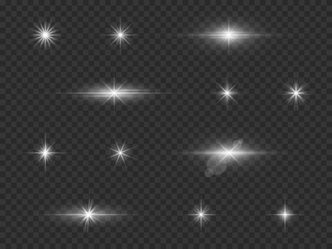 Light effect. Xmas glowing stardust, white galaxy sparkles. Abstract christmas star flare, silver holiday glitter isolated vector set