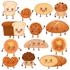 Bread characters. Funny bakery food faces icons, emoji cupcakes, pretzel and biscuit, cookie and loaf, fresh muffin cartoon biscuits vector set