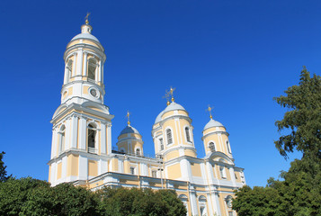 Fototapeta na wymiar Orthodox church surrounded by green trees in blue sky background