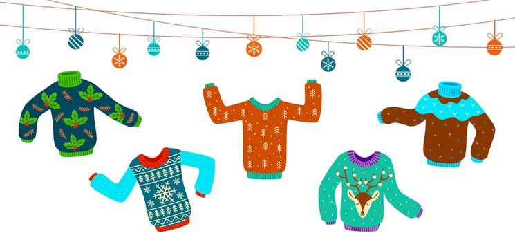 Ugly Christmas Sweater. Dancing Knitting Sweaters, Xmas Jumpers Vector Winter Holiday Party Invitation Card