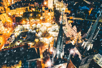 Aerial panorama of the Old Town, Prague, Czech Republic. Christmassy market in Old town square at...