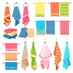 Hanging towels. Hang fabric soft color fresh textile kitchen or bath towel vector isolated set with checkered elements