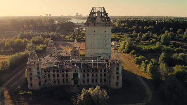 Mysterious unfinished castle in Almere that was supposed to become a theme park, but the project was abandoned due to lack of financing. Aerial shot. 