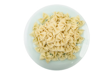 Fresh cooked farfalle pasta isolated top view
