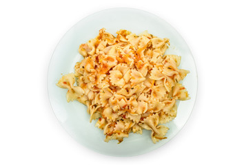 cooked farfalle pasta with tomato sauce isolated