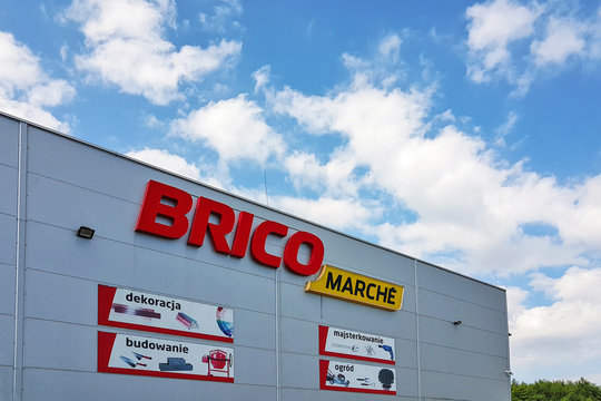 Brzesko, Poland - July 12, 2019: Exterior view of the BricoMarche Store. Bricomarche is famous home-improvement and gardening retailer.
