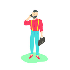 Character male hipster businessman with a briefcase talking on the phone. Vector illustration in flat style.