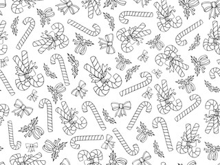 Christmas seamless pattern for coloring Christmas sweets and twigs. Graphic arts. Suitable for packaging, books, christmas design, wallpaper, textile. Drawn by hand.