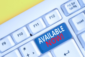 Handwriting text writing Available Now. Conceptual photo you can find it obtain or operable at this current moment White pc keyboard with empty note paper above white background key copy space