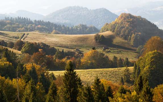 Polonina Kiczera and Mount Homole in Pieniny Mountains (Poland) in autumn.