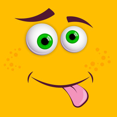 Greeting card cute monster with green eyes and smile. Funny Halloween Vector isolated illustration on yellow background