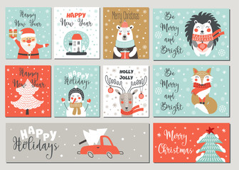 Merry Christmas and Happy New Year greeting card set with  hand drawing elements. Vector
