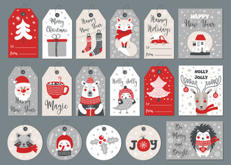 Set of merry christmas tags and cards with hand drawing elements. Vector