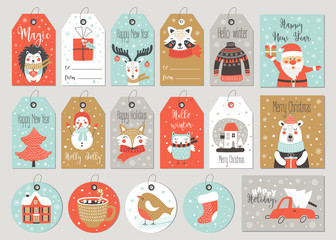 Fototapeta premium Set of merry christmas tags and cards with hand drawing elements. Vector
