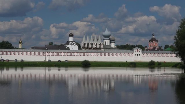 View of the Tikhvin Assumption monastery from the pond Tabora. Tikhvin, Russia 