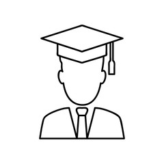 Graduation student vector line art icon isolated on white background. Graduate man monochrome linear pictogram in graduation cap and gown.