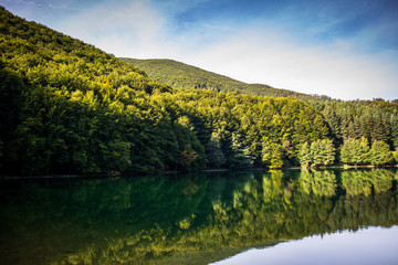 Beautiful turquoise lake surrounded by green forest and mountains. Balkana lake in Bosnia and Herzegovina.