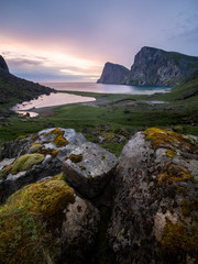 A midnight sunset over a remote arctic scene in Lofoten, Norway