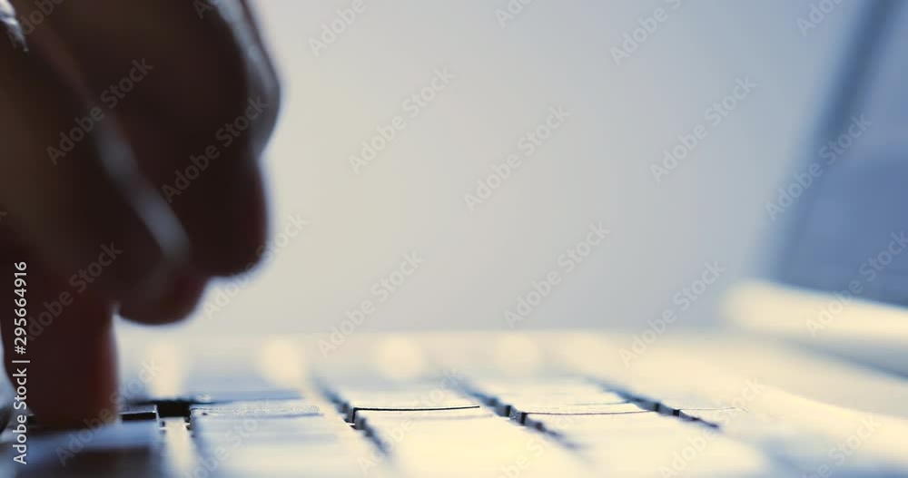 Poster businessman hands typing on laptop keyboard in office online. business computer design internet tech