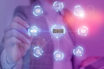 Text sign showing Benchmarking. Business photo text evaluate something by comparison with standard or scores Picture photo system network scheme modern technology smart device