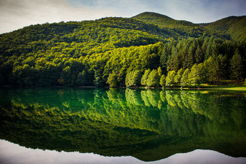 Beautiful turquoise lake surrounded by green forest and mountains. Balkana lake in Bosnia and Herzegovina.