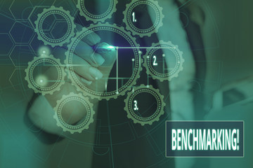 Conceptual hand writing showing Benchmarking. Concept meaning evaluate something by comparison with standard or scores Picture photo network scheme with modern smart device