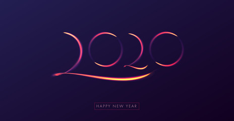 2020 happy new year poster or card. abstract colourful neon lights forming numbers in the sky