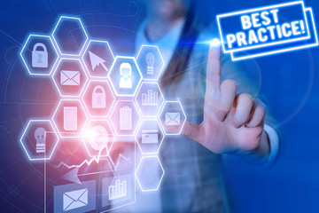 Conceptual hand writing showing Best Practice. Concept meaning commercial procedures that are accepted prescribed being correct Woman wear formal work suit present using smart latest device