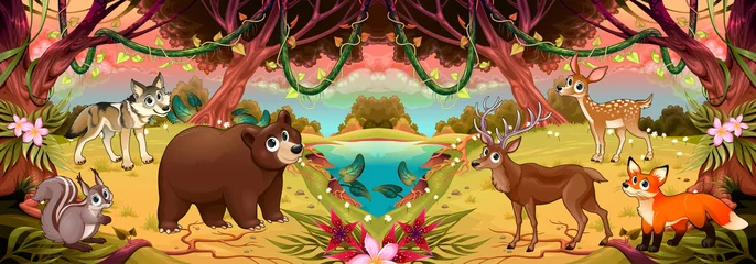 Rolgordijnen Familie van tekenfilmdieren in het bos © ddraw