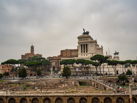 View of the forum of Trajan, the portico of the Quadriga and the monument to Victor Emmanuel II in Rome, Italy