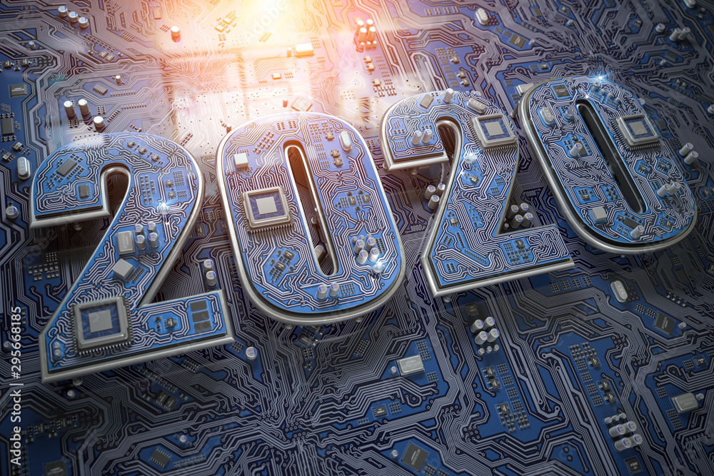 Poster 2020 on circuit board or motherboard with cpu. Computer technology and internet commucations digital concept background. Happy new 2020 year.