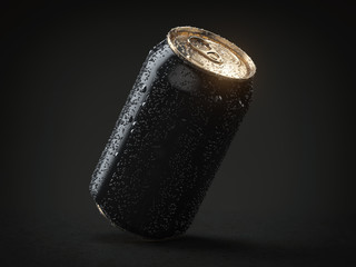 Black aluminum soda or beer can with drops on black background. Mock up.