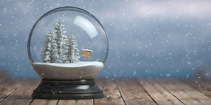 Merry Christmas snow globe with fri trees on winter snowfall background.