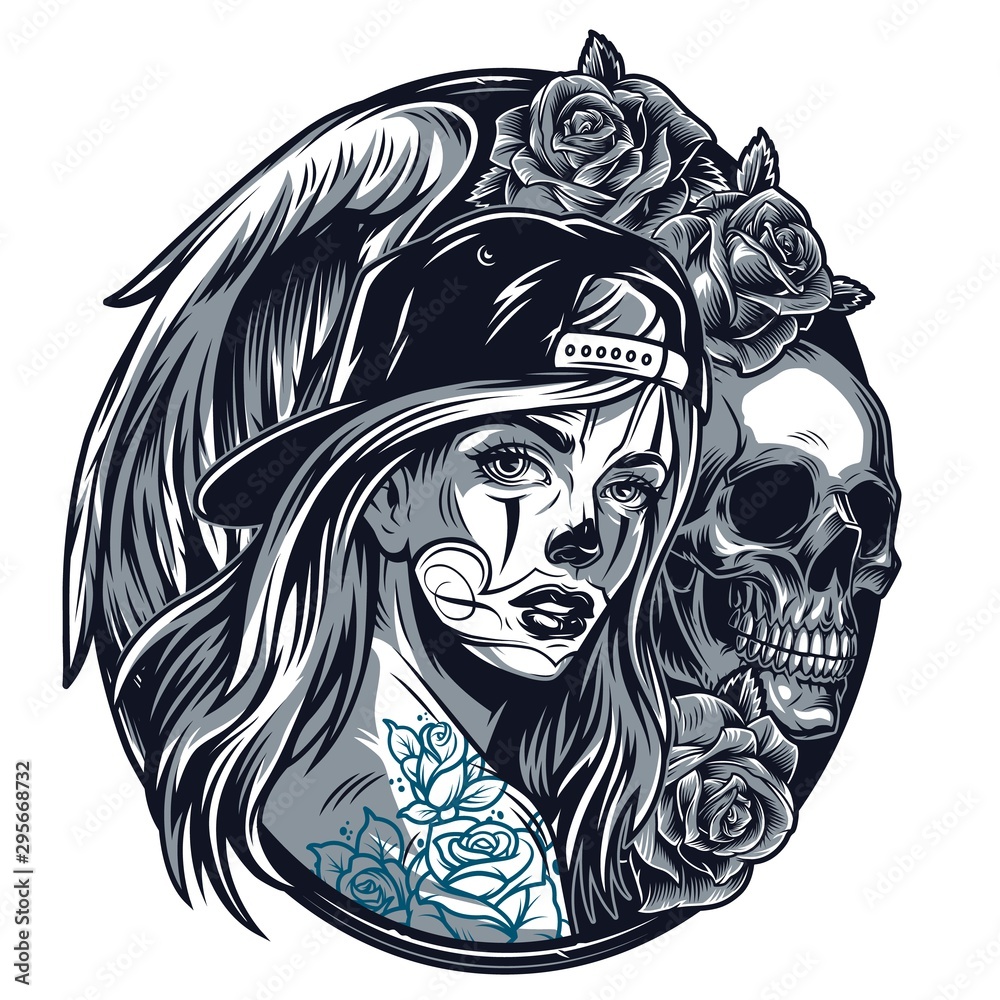 Sticker chicano girl in baseball cap round concept