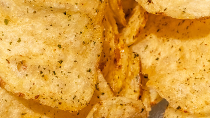 close up crispy potato chips snack
