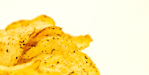 close up isolated crispy potato chips snack