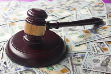 Judges Or Auctioneer Gavel On The Dollar Cash Background, Top View, Close-Up. Concept For...