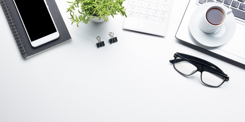 Office desk table with supplies. Flat lay Business workplace and objects. Top view. Copy space for...