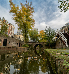Fototapeta na wymiar Trees on nieuwegracht canal in historic city center of Utrecht, the Netherlands with bridge and stairs 