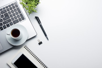 Office desk table with supplies. Flat lay Business workplace and objects. Top view. Copy space for text