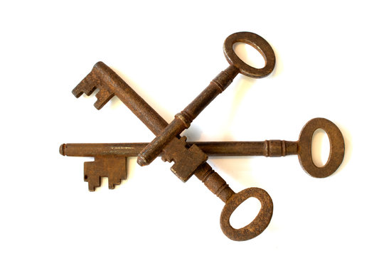 Vintage Antique Padlock Keys on White Background